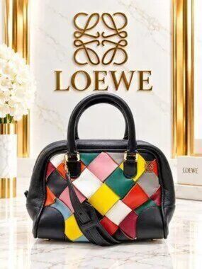 Authentic LOEWE Multicolor Woven Leather Boston Satchel Crossbody Bag